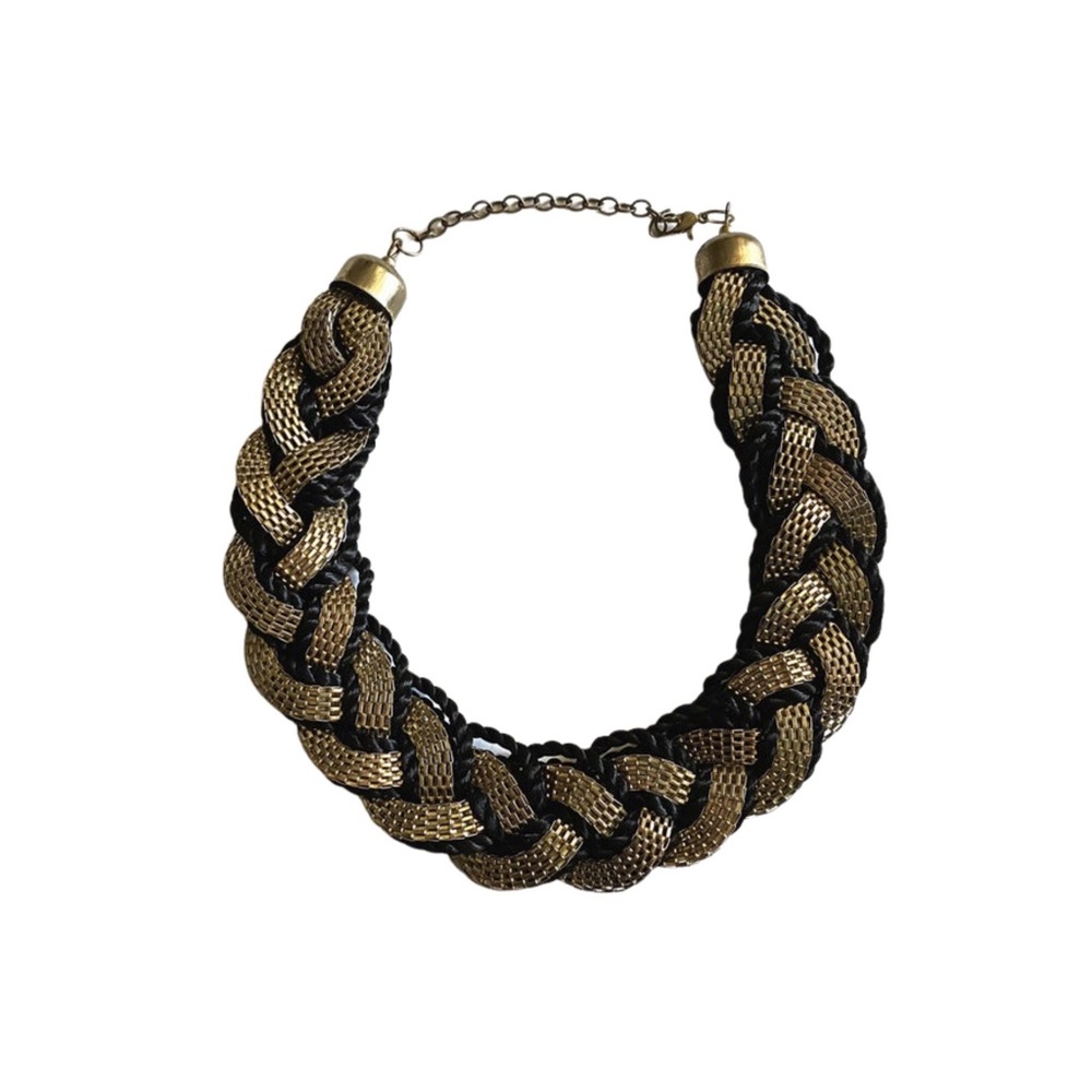 Vintage braided necklace goldtone metal black rope collar choker 1960s
